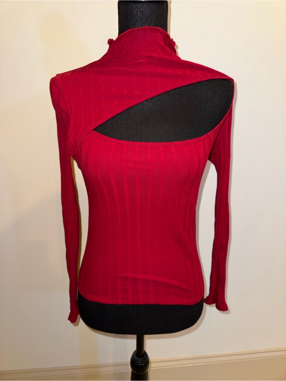 SHEIN Red Ribbed Asymmetrical Cutout Turtleneck Sweater